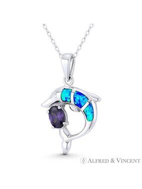 Dolphin Sealife Charm Boho Lab-Created Opal & CZ Pendant in .925 Sterling Silver